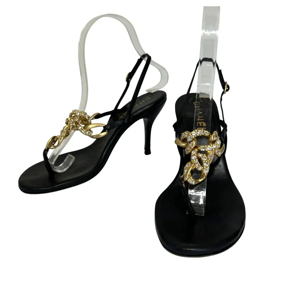 Chanel Sz 36 Black Leather Slingback Heels With Gold Chain Rhinestone Detail